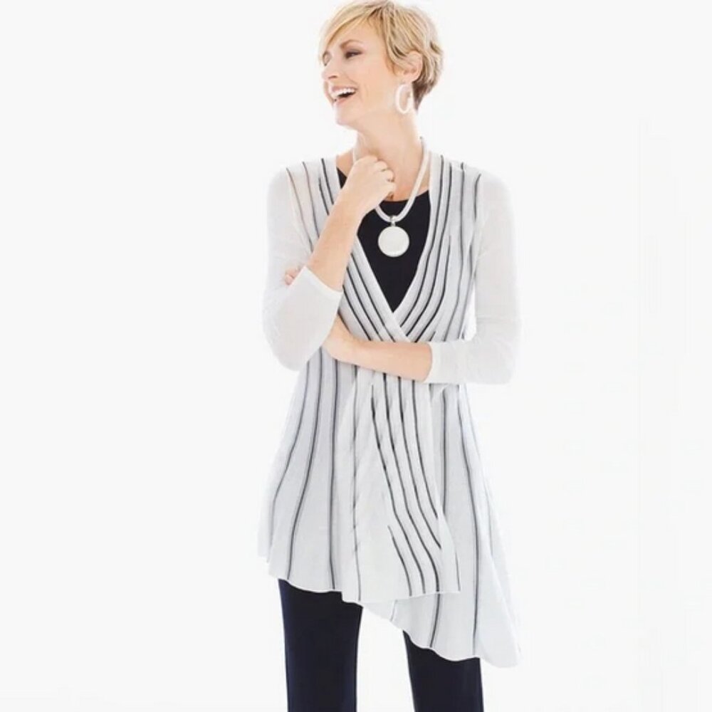 Chico's Travelers Asymmetrical Cardigan Size 0 = US Size 4 White Black